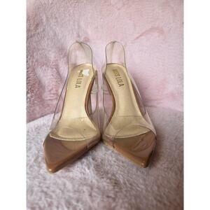 Clear plastic and nude open toe pumps by Miss Lola size 5.5